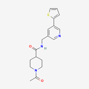 molecular formula C18H21N3O2S B2535534 1-acetyl-N-((5-(thiophen-2-yl)pyridin-3-yl)methyl)piperidine-4-carboxamide CAS No. 2034410-32-5