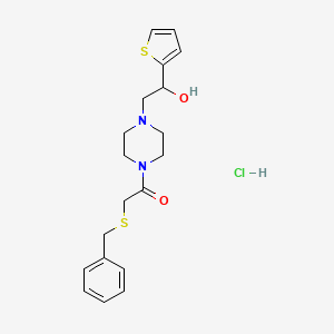 molecular formula C19H25ClN2O2S2 B2535548 2-(Benzylthio)-1-(4-(2-hydroxy-2-(thiophen-2-yl)ethyl)piperazin-1-yl)ethanone hydrochloride CAS No. 1351615-76-3