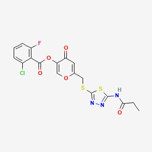 molecular formula C18H13ClFN3O5S2 B2535588 4-oxo-6-(((5-propionamido-1,3,4-thiadiazol-2-yl)thio)methyl)-4H-pyran-3-yl 2-chloro-6-fluorobenzoate CAS No. 896018-92-1
