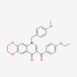 molecular formula C28H25NO6 B2535624 8-(4-Ethoxybenzoyl)-6-[(4-methoxyphenyl)methyl]-2,3-dihydro-[1,4]dioxino[2,3-g]quinolin-9-one CAS No. 866865-95-4