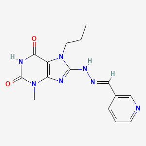 molecular formula C15H17N7O2 B2535672 (E)-3-methyl-7-propyl-8-(2-(pyridin-3-ylmethylene)hydrazinyl)-1H-purine-2,6(3H,7H)-dione CAS No. 714925-96-9