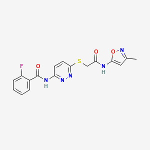 molecular formula C17H14FN5O3S B2535699 2-fluoro-N-(6-((2-((3-methylisoxazol-5-yl)amino)-2-oxoethyl)thio)pyridazin-3-yl)benzamide CAS No. 1021091-74-6