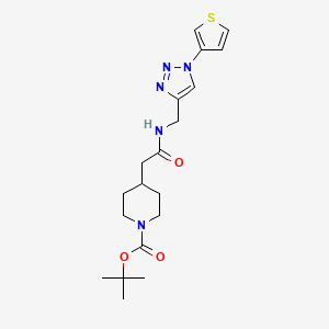 molecular formula C19H27N5O3S B2535800 tert-butyl 4-(2-oxo-2-(((1-(thiophen-3-yl)-1H-1,2,3-triazol-4-yl)methyl)amino)ethyl)piperidine-1-carboxylate CAS No. 2034533-43-0