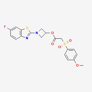 molecular formula C19H17FN2O5S2 B2535863 1-(6-氟苯并[d]噻唑-2-基)氮杂环丁-3-基 2-((4-甲氧基苯基)磺酰基)乙酸酯 CAS No. 1396853-02-3