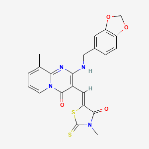 molecular formula C22H18N4O4S2 B2535887 2-[(1,3-benzodioxol-5-ylmethyl)amino]-9-methyl-3-[(Z)-(3-methyl-4-oxo-2-thioxo-1,3-thiazolidin-5-ylidene)methyl]-4H-pyrido[1,2-a]pyrimidin-4-one CAS No. 618076-83-8