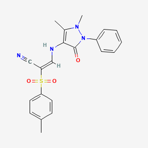 molecular formula C21H20N4O3S B2535988 (E)-3-[(1,5-dimethyl-3-oxo-2-phenylpyrazol-4-yl)amino]-2-(4-methylphenyl)sulfonylprop-2-enenitrile CAS No. 1025517-81-0