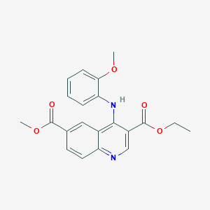 molecular formula C21H20N2O5 B2535991 3-Ethyl-6-methyl-4-[(2-Methoxyphenyl)amino]chinolin-3,6-dicarbonsäureester CAS No. 371129-21-4