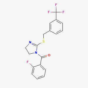 molecular formula C18H14F4N2OS B2536050 (2-Fluorophenyl)-[2-[[3-(trifluoromethyl)phenyl]methylsulfanyl]-4,5-dihydroimidazol-1-yl]methanone CAS No. 851805-69-1