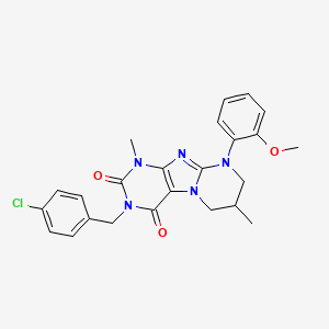 molecular formula C24H24ClN5O3 B2536074 3-(4-chlorobenzyl)-9-(2-methoxyphenyl)-1,7-dimethyl-6,7,8,9-tetrahydropyrimido[2,1-f]purine-2,4(1H,3H)-dione CAS No. 877617-44-2