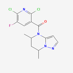 molecular formula C14H13Cl2FN4O B2536103 2,6-dichloro-3-{5,7-dimethyl-4H,5H,6H,7H-pyrazolo[1,5-a]pyrimidine-4-carbonyl}-5-fluoropyridine CAS No. 1356755-19-5