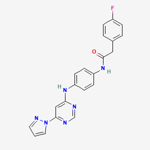 molecular formula C21H17FN6O B2536106 N-(4-((6-(1H-pyrazol-1-yl)pyrimidin-4-yl)amino)phenyl)-2-(4-fluorophenyl)acetamide CAS No. 1172375-45-9