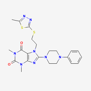 molecular formula C22H26N8O2S2 B2536159 1,3-二甲基-7-(2-((5-甲基-1,3,4-噻二唑-2-基)硫代)乙基)-8-(4-苯基哌嗪-1-基)-1H-嘌呤-2,6(3H,7H)-二酮 CAS No. 850914-77-1