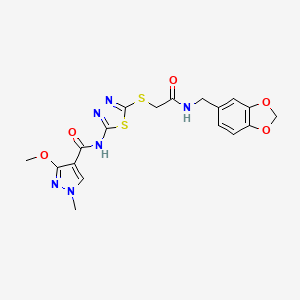 molecular formula C18H18N6O5S2 B2536166 N-(5-((2-((benzo[d][1,3]dioxol-5-ylmethyl)amino)-2-oxoethyl)thio)-1,3,4-thiadiazol-2-yl)-3-methoxy-1-methyl-1H-pyrazole-4-carboxamide CAS No. 1172464-93-5