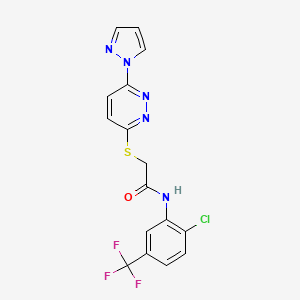 molecular formula C16H11ClF3N5OS B2536174 2-((6-(1H-吡唑-1-基)嘧啶并[3,4-d]嘧啶-3-基)硫代)-N-(2-氯-5-(三氟甲基)苯基)乙酰胺 CAS No. 1351643-07-6