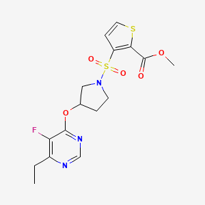 molecular formula C16H18FN3O5S2 B2536187 Methyl 3-((3-((6-ethyl-5-fluoropyrimidin-4-yl)oxy)pyrrolidin-1-yl)sulfonyl)thiophene-2-carboxylate CAS No. 2034250-11-6