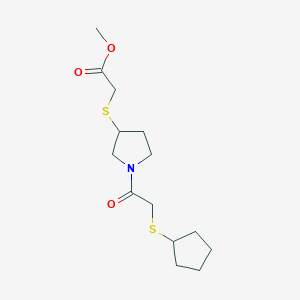 molecular formula C14H23NO3S2 B2536188 Methyl 2-((1-(2-(cyclopentylthio)acetyl)pyrrolidin-3-yl)thio)acetate CAS No. 2034578-59-9