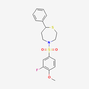 molecular formula C18H20FNO3S2 B2536200 4-((3-Fluoro-4-methoxyphenyl)sulfonyl)-7-phenyl-1,4-thiazepane CAS No. 1797205-16-3