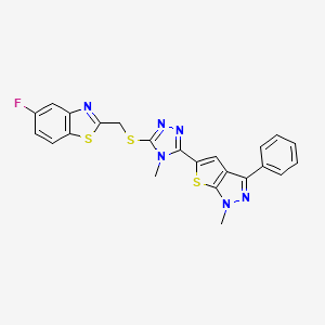 molecular formula C23H17FN6S3 B2536302 5-fluoro-2-({[4-methyl-5-(1-methyl-3-phenyl-1H-thieno[2,3-c]pyrazol-5-yl)-4H-1,2,4-triazol-3-yl]sulfanyl}methyl)-1,3-benzothiazole CAS No. 400087-26-5