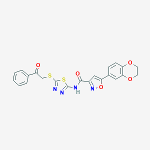 molecular formula C22H16N4O5S2 B253634 5-(2,3-dihydro-1,4-benzodioxin-6-yl)-N-{5-[(2-oxo-2-phenylethyl)sulfanyl]-1,3,4-thiadiazol-2-yl}-3-isoxazolecarboxamide 