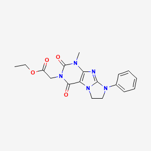 molecular formula C18H19N5O4 B2536347 ethyl (1-methyl-2,4-dioxo-8-phenyl-1,2,4,6,7,8-hexahydro-3H-imidazo[2,1-f]purin-3-yl)acetate CAS No. 302799-01-5