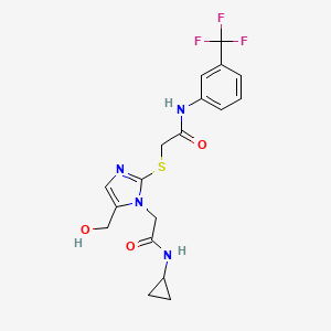 molecular formula C18H19F3N4O3S B2536381 N-cyclopropyl-2-(5-(hydroxymethyl)-2-((2-oxo-2-((3-(trifluoromethyl)phenyl)amino)ethyl)thio)-1H-imidazol-1-yl)acetamide CAS No. 921867-57-4