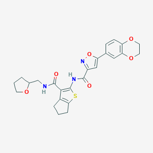 molecular formula C25H25N3O6S B253639 5-(2,3-dihydro-1,4-benzodioxin-6-yl)-N-{3-[(tetrahydrofuran-2-ylmethyl)carbamoyl]-5,6-dihydro-4H-cyclopenta[b]thiophen-2-yl}-1,2-oxazole-3-carboxamide 