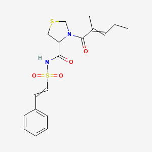 molecular formula C18H22N2O4S2 B2536398 3-(2-methylpent-2-enoyl)-N-(2-phenylethenesulfonyl)-1,3-thiazolidine-4-carboxamide CAS No. 1384815-14-8
