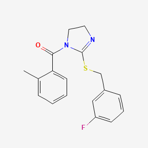 molecular formula C18H17FN2OS B2536404 (2-((3-fluorobenzyl)thio)-4,5-dihydro-1H-imidazol-1-yl)(o-tolyl)methanone CAS No. 851864-76-1