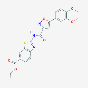 molecular formula C22H17N3O6S B253642 Ethyl 2-({[5-(2,3-dihydro-1,4-benzodioxin-6-yl)-3-isoxazolyl]carbonyl}amino)-1,3-benzothiazole-6-carboxylate 