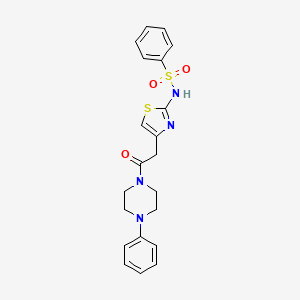 molecular formula C21H22N4O3S2 B2536461 N-(4-(2-oxo-2-(4-phenylpiperazin-1-yl)ethyl)thiazol-2-yl)benzenesulfonamide CAS No. 922075-44-3