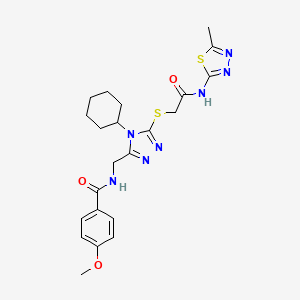 molecular formula C22H27N7O3S2 B2536476 N-[[4-cyclohexyl-5-[2-[(5-methyl-1,3,4-thiadiazol-2-yl)amino]-2-oxoethyl]sulfanyl-1,2,4-triazol-3-yl]methyl]-4-methoxybenzamide CAS No. 476448-65-4