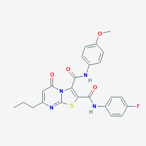 molecular formula C24H21FN4O4S B253653 2-N-(4-fluorophenyl)-3-N-(4-methoxyphenyl)-5-oxo-7-propyl-[1,3]thiazolo[3,2-a]pyrimidine-2,3-dicarboxamide 