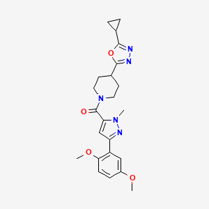 molecular formula C23H27N5O4 B2536546 (4-(5-cyclopropyl-1,3,4-oxadiazol-2-yl)piperidin-1-yl)(3-(2,5-dimethoxyphenyl)-1-methyl-1H-pyrazol-5-yl)methanone CAS No. 1209335-76-1