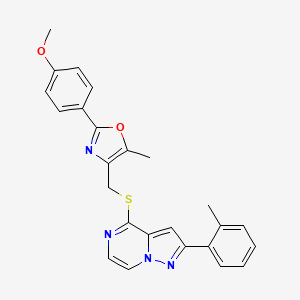 molecular formula C25H22N4O2S B2536559 4-({[2-(4-Methoxyphenyl)-5-methyl-1,3-oxazol-4-yl]methyl}thio)-2-(2-methylphenyl)pyrazolo[1,5-a]pyrazine CAS No. 1207030-61-2