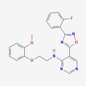 molecular formula C21H18FN5O3 B2536573 5-(3-(2-fluorophenyl)-1,2,4-oxadiazol-5-yl)-N-(2-(2-methoxyphenoxy)ethyl)pyrimidin-4-amine CAS No. 2034511-98-1