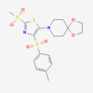 molecular formula C18H22N2O6S3 B2536575 8-(2-(Methylsulfonyl)-4-tosylthiazol-5-yl)-1,4-dioxa-8-azaspiro[4.5]decane CAS No. 887216-61-7