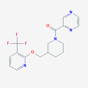 molecular formula C17H17F3N4O2 B2536685 Pyrazin-2-yl-[3-[[3-(trifluoromethyl)pyridin-2-yl]oxymethyl]piperidin-1-yl]methanone CAS No. 2380040-52-6