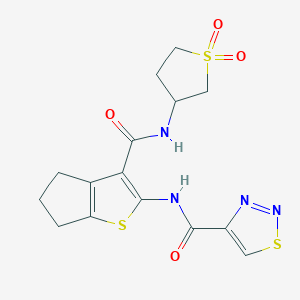 molecular formula C15H16N4O4S3 B253678 N-{3-[(1,1-dioxidotetrahydrothiophen-3-yl)carbamoyl]-5,6-dihydro-4H-cyclopenta[b]thiophen-2-yl}-1,2,3-thiadiazole-4-carboxamide 