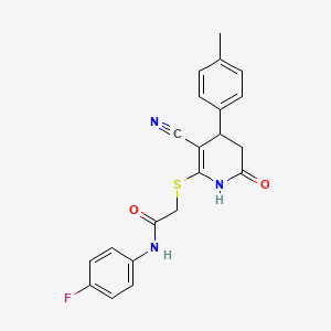 molecular formula C21H18FN3O2S B2536787 2-((3-cyano-6-oxo-4-(p-tolyl)-1,4,5,6-tetrahydropyridin-2-yl)thio)-N-(4-fluorophenyl)acetamide CAS No. 384357-05-5