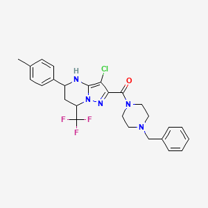 molecular formula C26H27ClF3N5O B2536829 (4-Benzylpiperazin-1-yl)(3-chloro-5-(p-tolyl)-7-(trifluoromethyl)-4,5,6,7-tetrahydropyrazolo[1,5-a]pyrimidin-2-yl)methanone CAS No. 380158-07-6