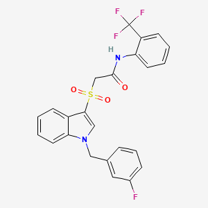molecular formula C24H18F4N2O3S B2536841 2-[1-[(3-氟苯基)甲基]吲哚-3-基]磺酰基-N-[2-(三氟甲基)苯基]乙酰胺 CAS No. 686743-88-4