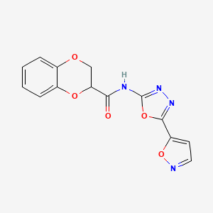 molecular formula C14H10N4O5 B2536853 N-(5-(异恶唑-5-基)-1,3,4-恶二唑-2-基)-2,3-二氢苯并[b][1,4]二氧杂环-2-甲酰胺 CAS No. 946362-60-3