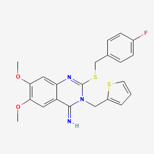 molecular formula C22H20FN3O2S2 B2536879 2-[(4-fluorobenzyl)sulfanyl]-6,7-dimethoxy-3-(2-thienylmethyl)-4(3H)-quinazolinimine CAS No. 691858-15-8