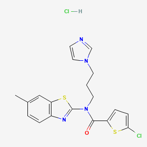molecular formula C19H18Cl2N4OS2 B2536909 N-(3-(1H-imidazol-1-yl)propyl)-5-chloro-N-(6-methylbenzo[d]thiazol-2-yl)thiophene-2-carboxamide hydrochloride CAS No. 1215703-14-2