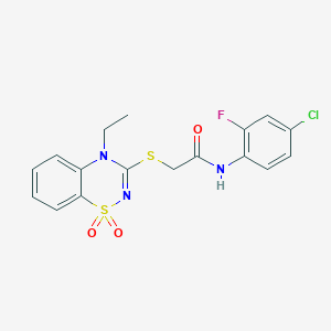 molecular formula C17H15ClFN3O3S2 B2536918 N-(4-chloro-2-fluorophenyl)-2-((4-ethyl-1,1-dioxido-4H-benzo[e][1,2,4]thiadiazin-3-yl)thio)acetamide CAS No. 1031956-21-4