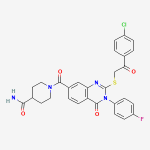 1-(2-((2-(4-Chlorophenyl)-2-oxoethyl)thio)-3-(4-fluorophenyl)-4-oxo-3,4-dihydroquinazoline-7-carbonyl)piperidine-4-carboxamide