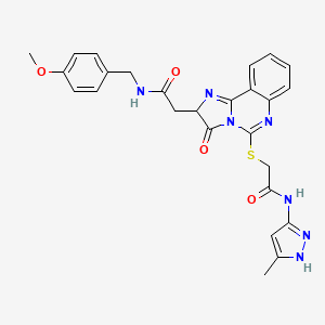 molecular formula C26H25N7O4S B2536951 N-[(4-methoxyphenyl)methyl]-2-[5-[2-[(5-methyl-1H-pyrazol-3-yl)amino]-2-oxoethyl]sulfanyl-3-oxo-2H-imidazo[1,2-c]quinazolin-2-yl]acetamide CAS No. 1038764-89-4