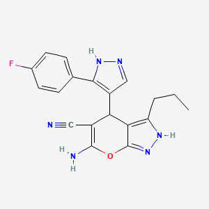 molecular formula C19H17FN6O B2536963 6-amino-4-[3-(4-fluorophenyl)-1H-pyrazol-4-yl]-3-propyl-1,4-dihydropyrano[2,3-c]pyrazole-5-carbonitrile CAS No. 1020251-73-3