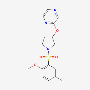 molecular formula C16H19N3O4S B2536964 2-((1-((2-Methoxy-5-methylphenyl)sulfonyl)pyrrolidin-3-yl)oxy)pyrazine CAS No. 2034281-05-3