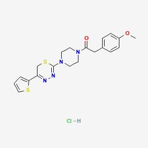 molecular formula C20H23ClN4O2S2 B2537007 2-(4-methoxyphenyl)-1-(4-(5-(thiophen-2-yl)-6H-1,3,4-thiadiazin-2-yl)piperazin-1-yl)ethanone hydrochloride CAS No. 1351596-27-4